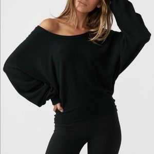 Joah Brown Black Off-Shoulder Long Sleeve Ribbed Top